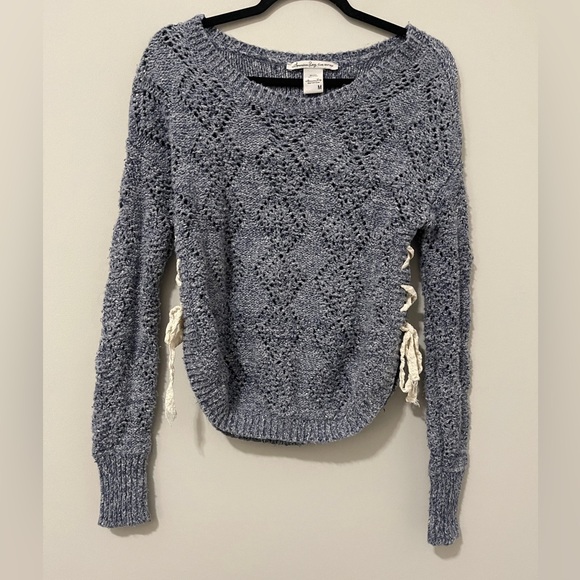American Rag Womens Sweater Size Medium Blue Gray Knit Lace Up Sides Top - Picture 1 of 10